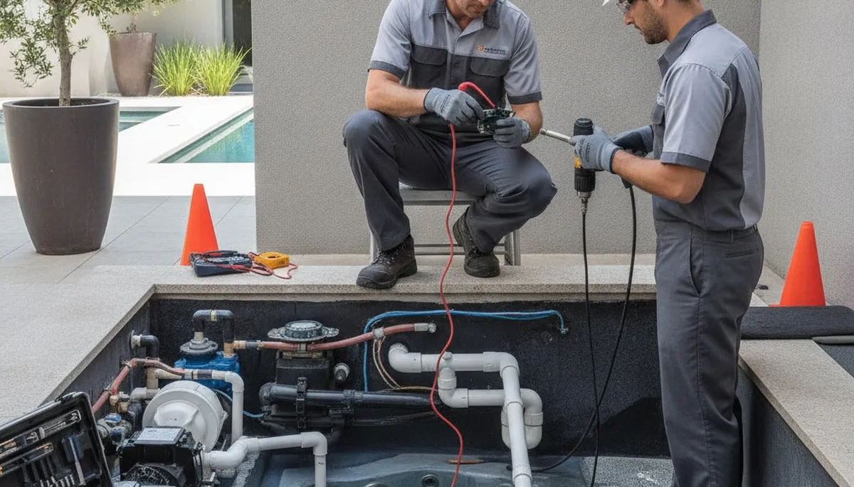 Spa repair technician servicing a home spa in Reno, NV for reliable plumbing maintenance